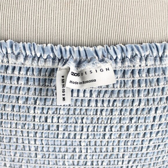 Asos Design Gingham Midi Dress Womens Size 4 Bue White Check Square Neck Smocked - Picture 7 of 7